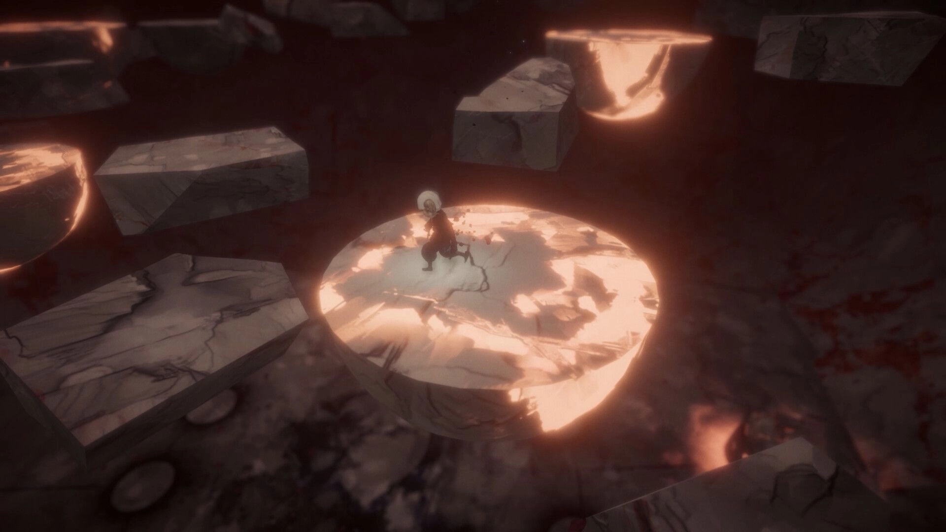 DOSMIC: Boy stands on glowing floating platform amidst dark, fragmented terrain in cosmic puzzle setting.