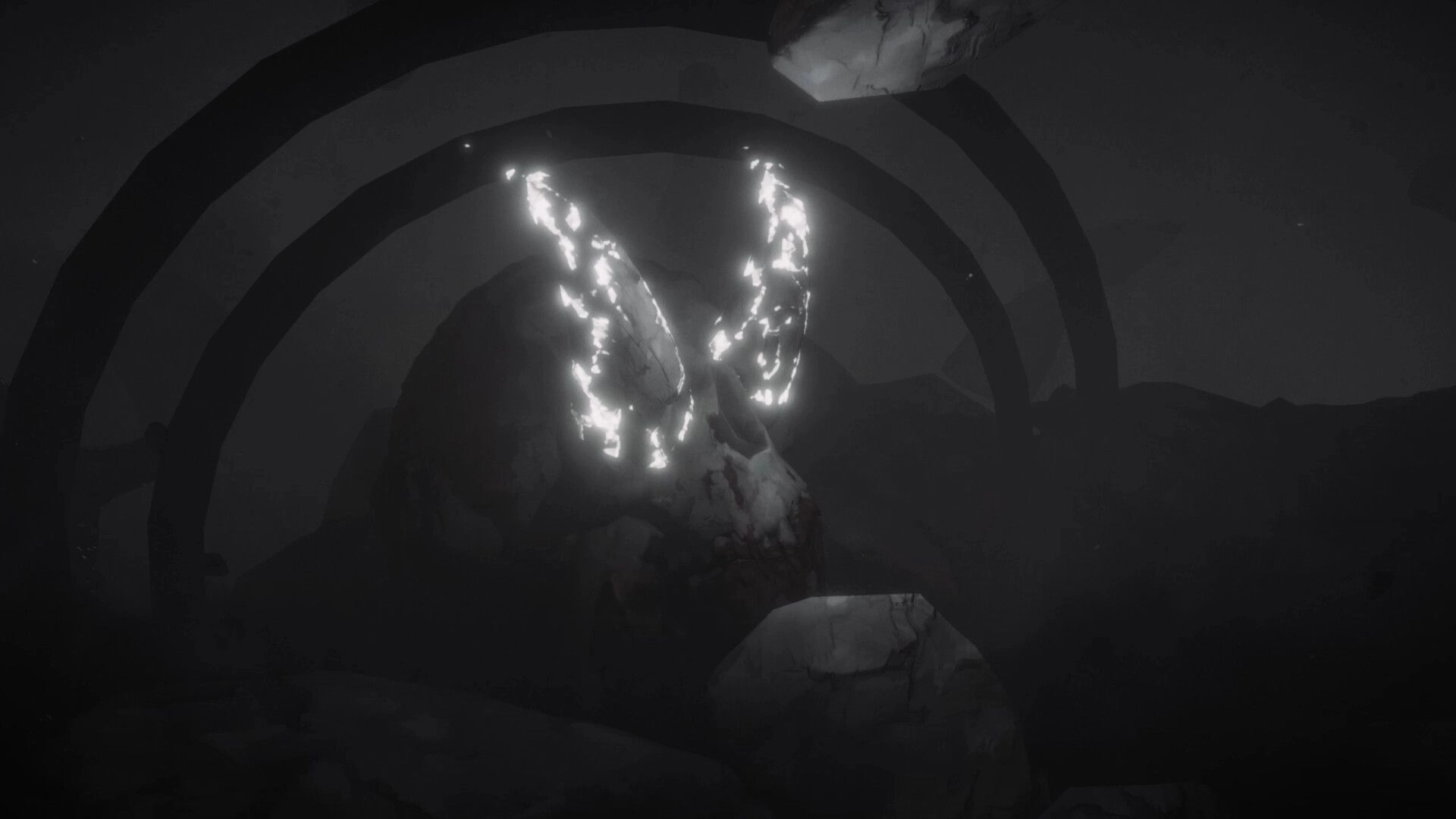 DOSMIC: Glowing runes illuminate a giant stone skull in a dark cave with arching shadows overhead