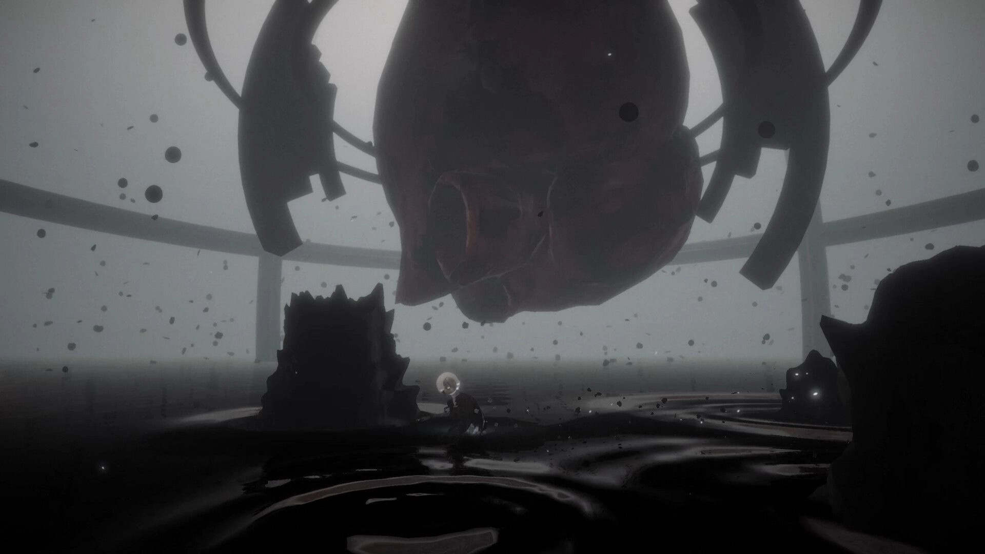DOSMIC: Boy navigates dark, eerie chamber with floating debris and giant suspended heart-like structure