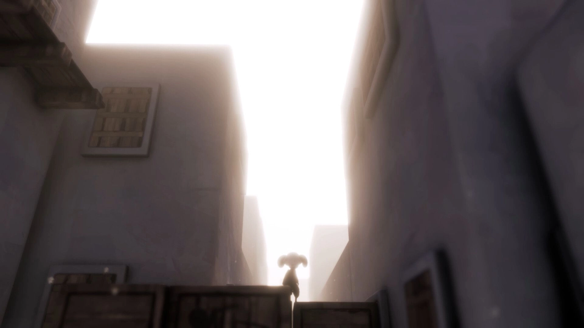 DOSMIC: Silhouetted boy stands on crates between towering buildings under a bright, mysterious sky.