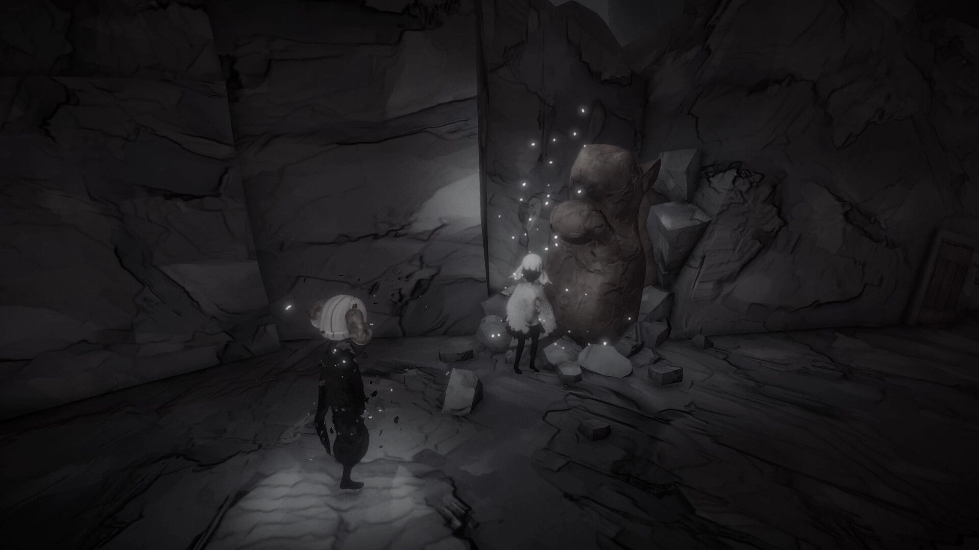 DOSMIC: Two characters interact with a glowing stone statue in a dimly lit cave environment.