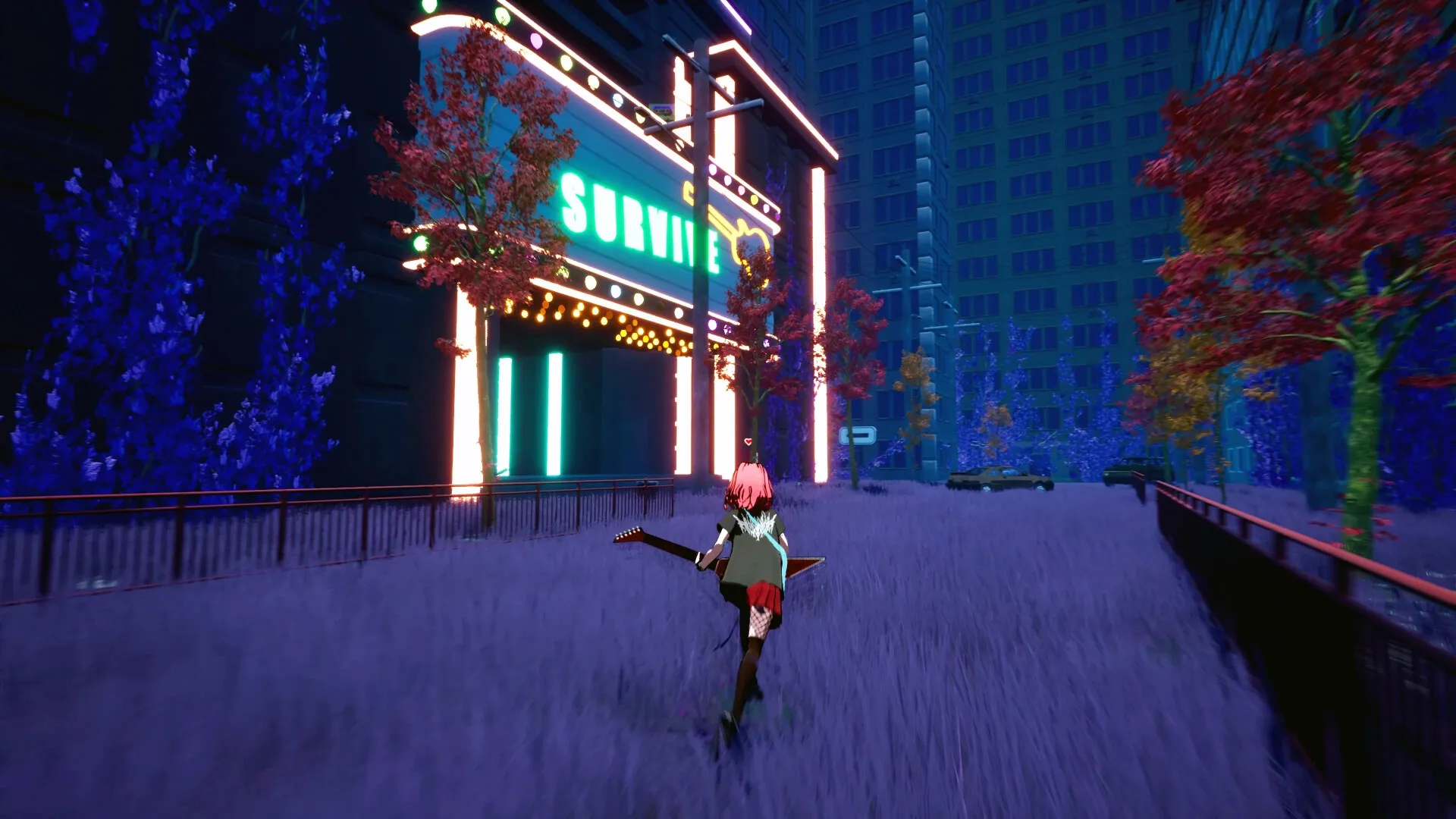 Double Whammy: Character with guitar approaches neon-lit building in a vibrant, colorful cityscape.