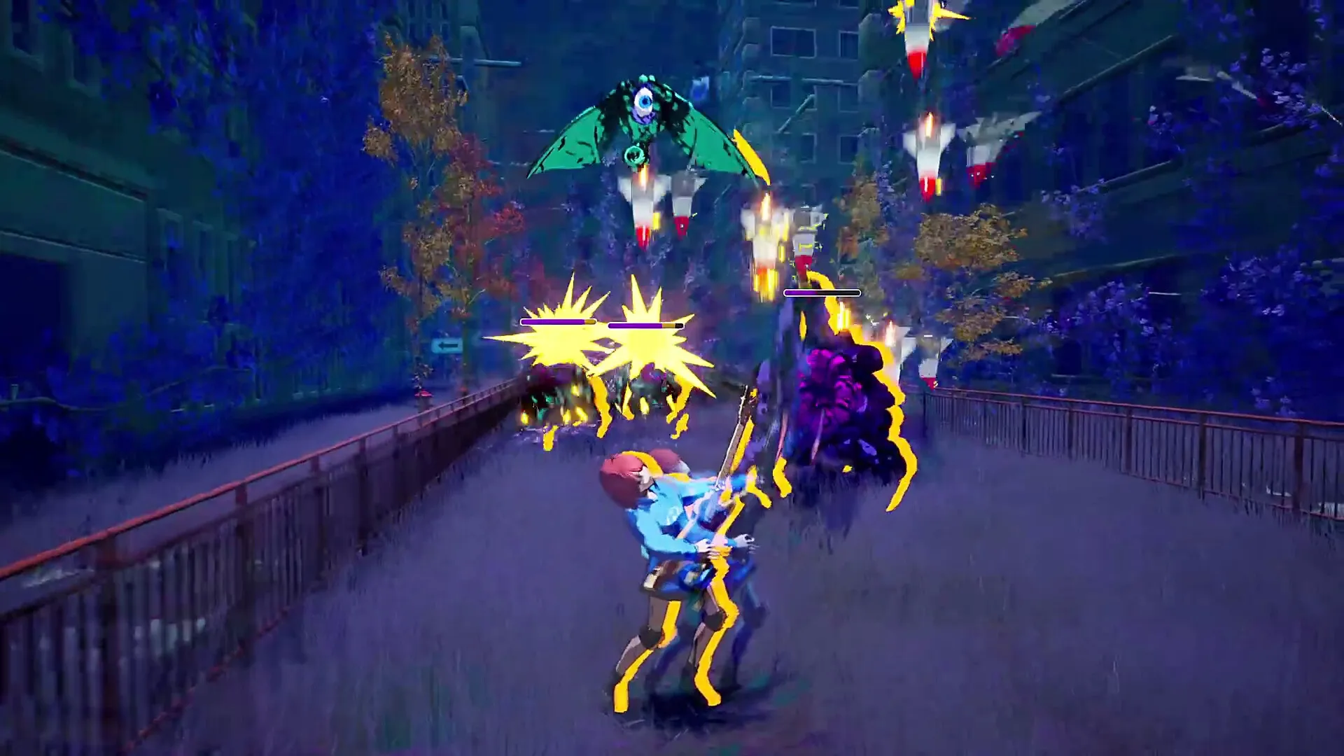 Double Whammy: Player performs guitar melee attack against flying monsters in a dark urban street setting.