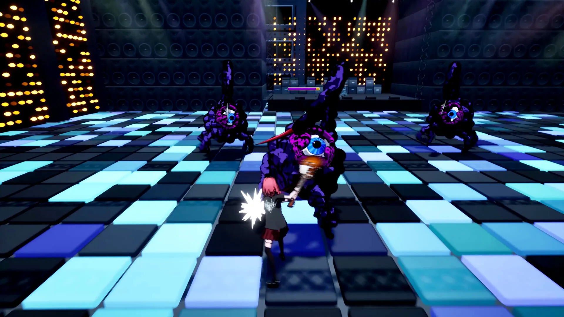 Double Whammy: Battle against monsters on a glowing checkered stage with vibrant lights and speakers