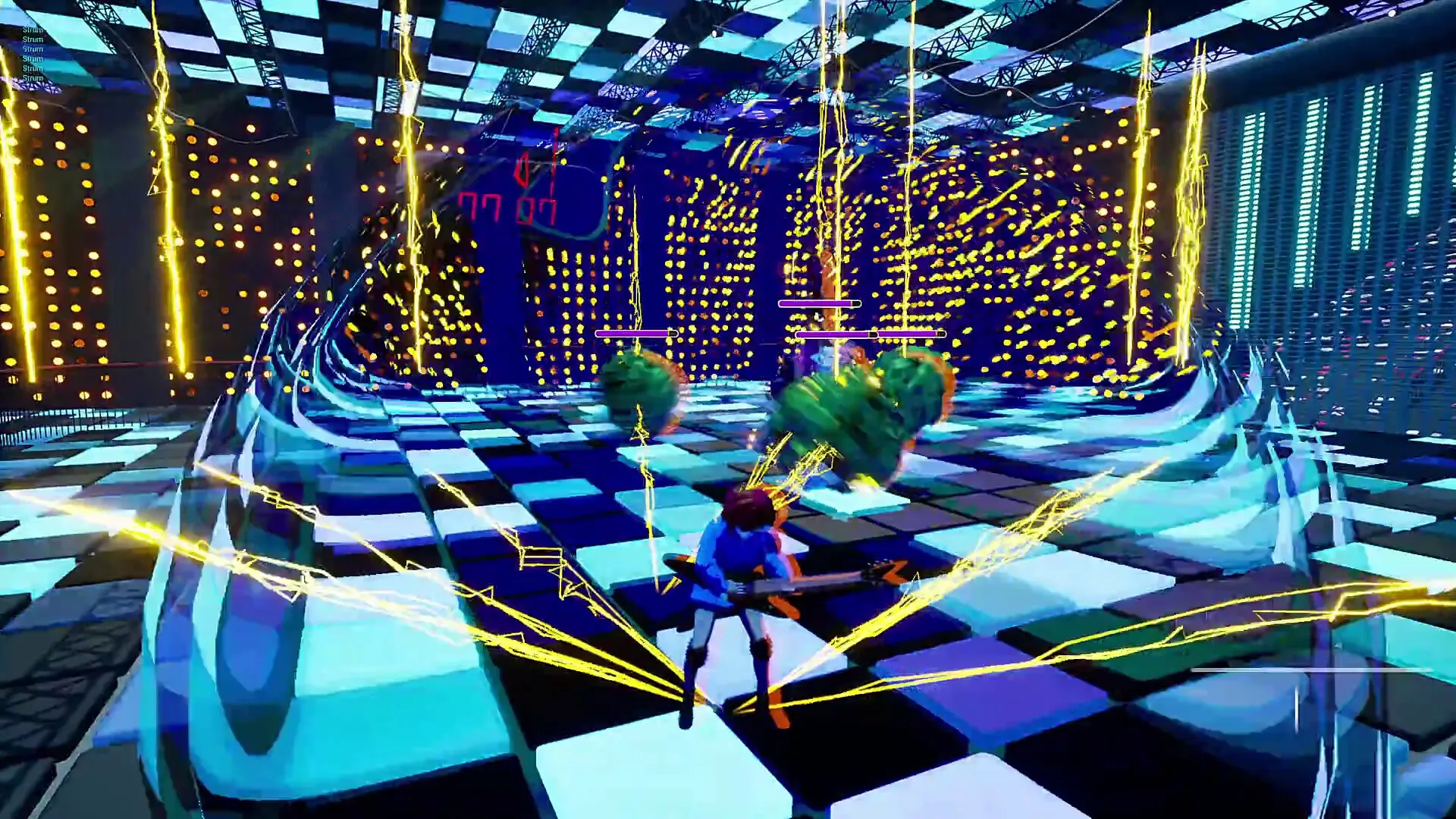 Double Whammy: Guitar-wielding hero battles monsters in a neon-lit, checkered arena with electric effects.