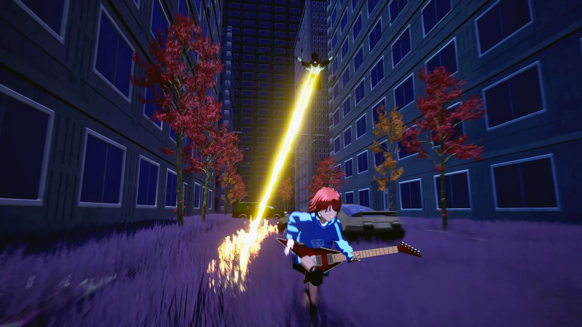 Double Whammy: Player runs with guitar as laser beam from flying enemy lights up city street at night