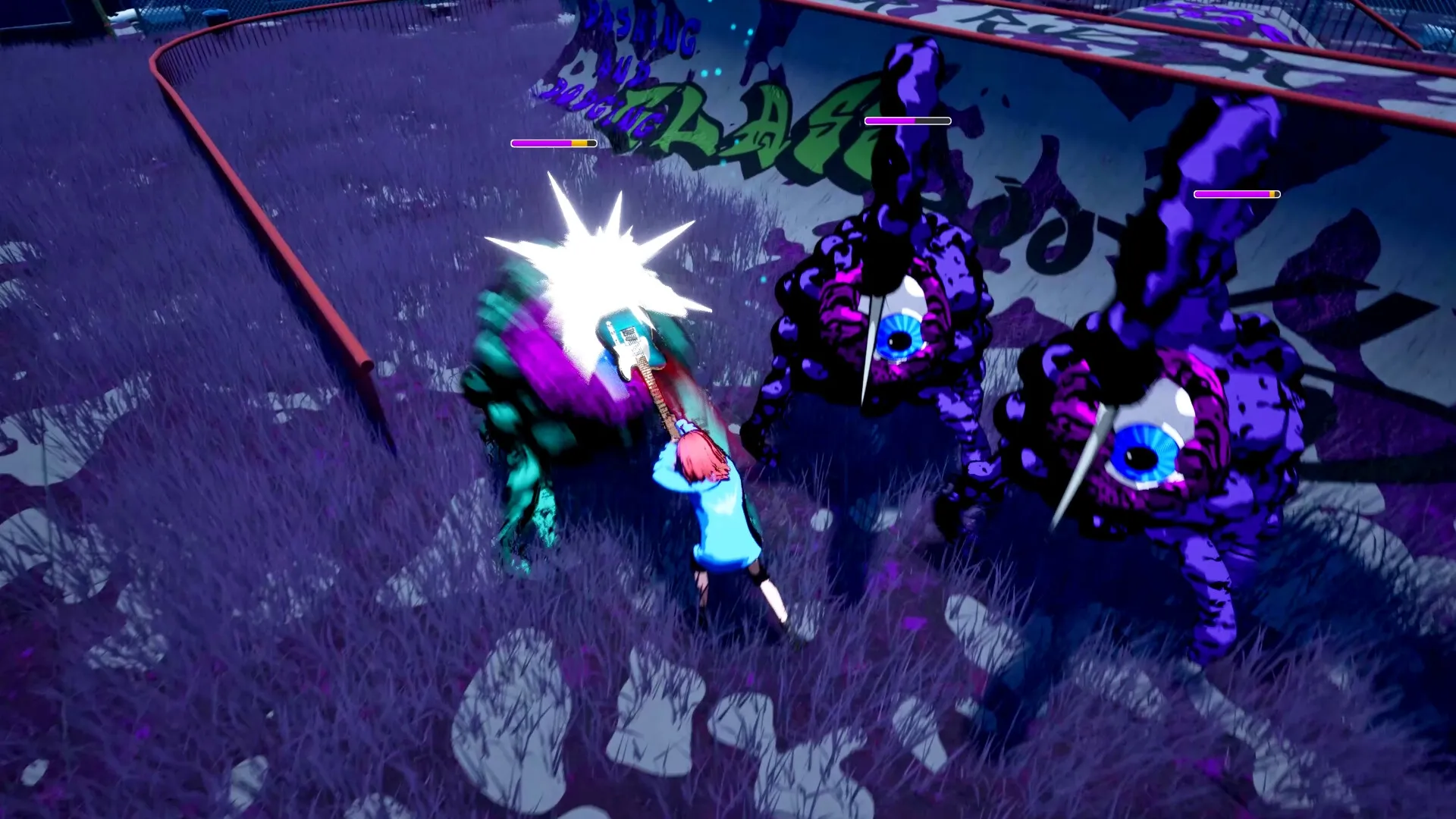 Double Whammy: Player attacks monsters with guitar in neon-lit skate park at night.