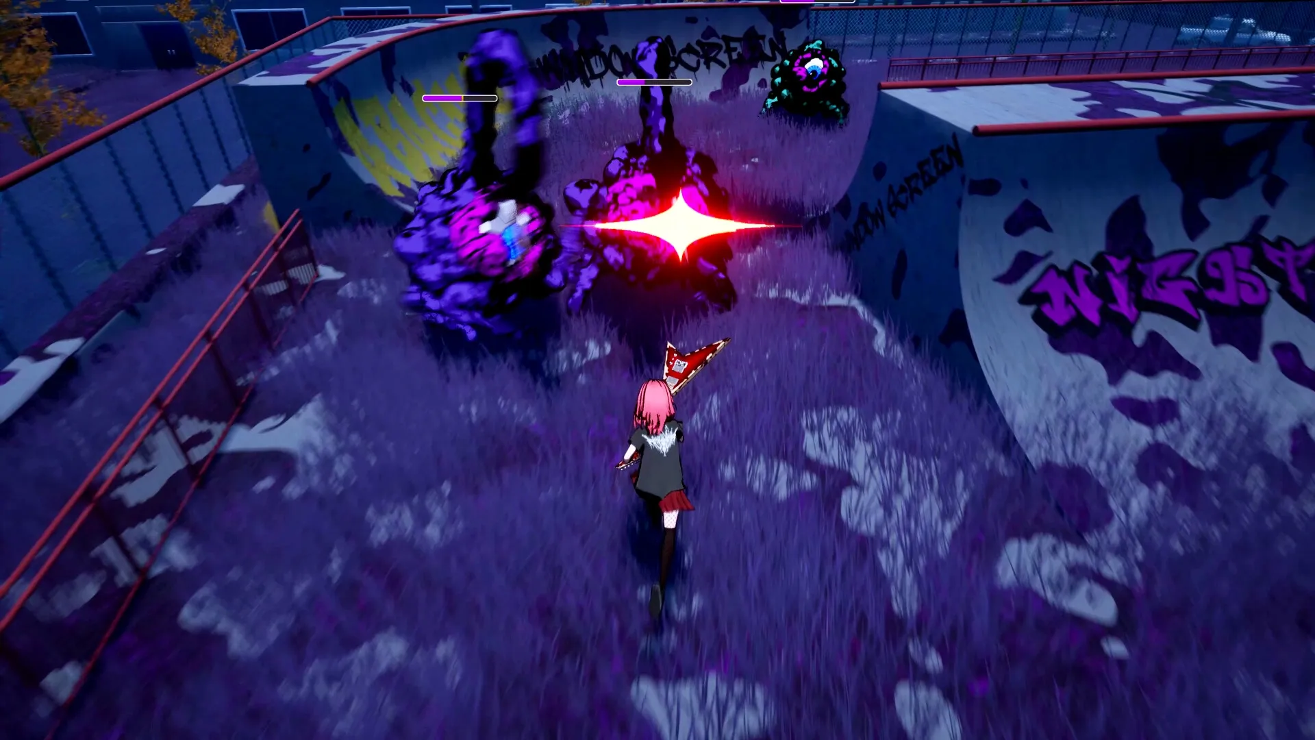 Double Whammy: Character fights purple monsters in graffiti-covered skate park at night.