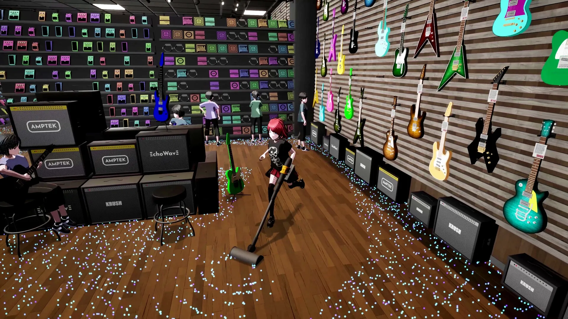 Double Whammy: Character cleaning guitar shop floor with colorful guitars and amplifiers in background