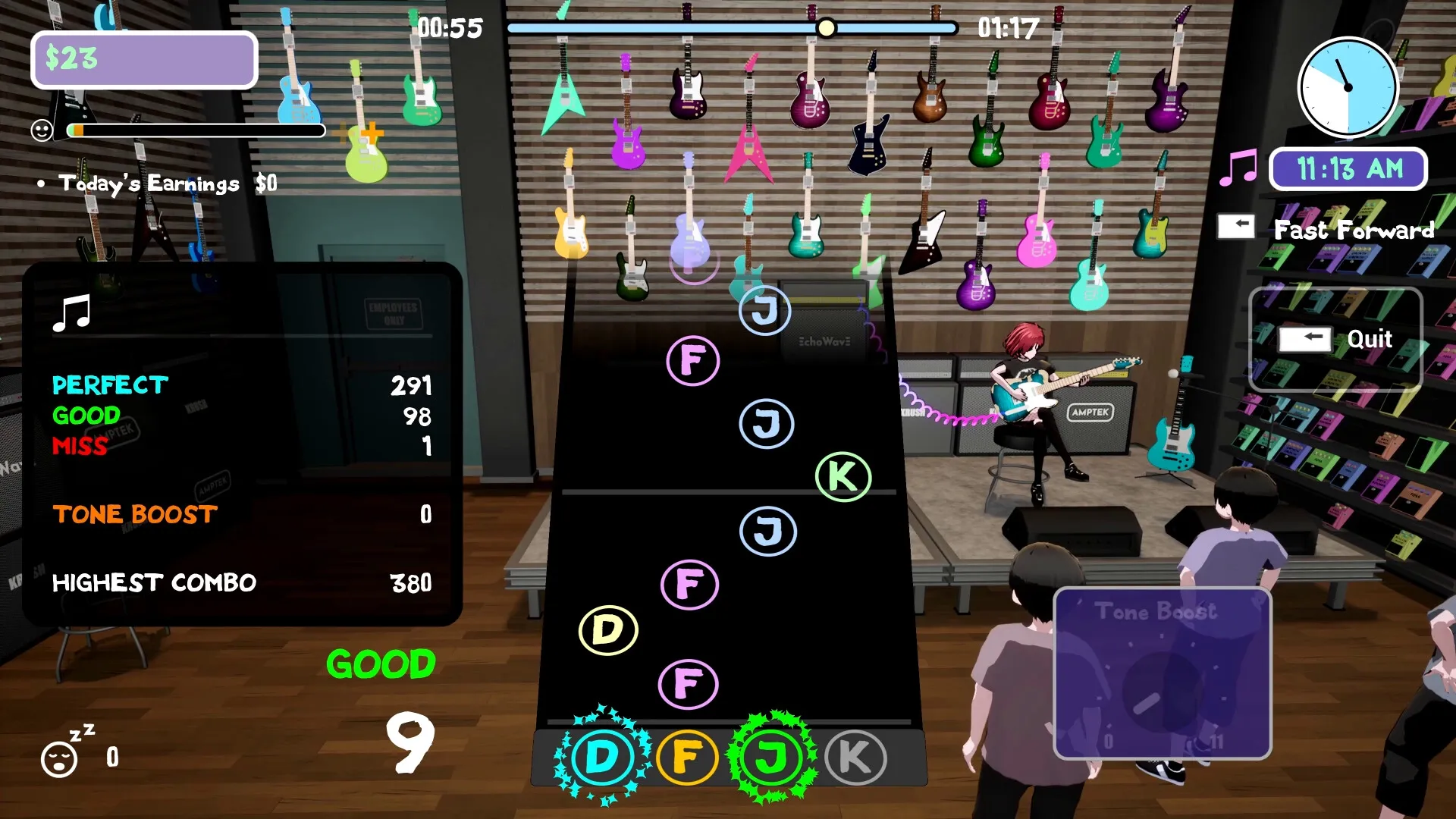 Double Whammy: Guitar rhythm gameplay with notes and performance stats in a colorful shop setting.