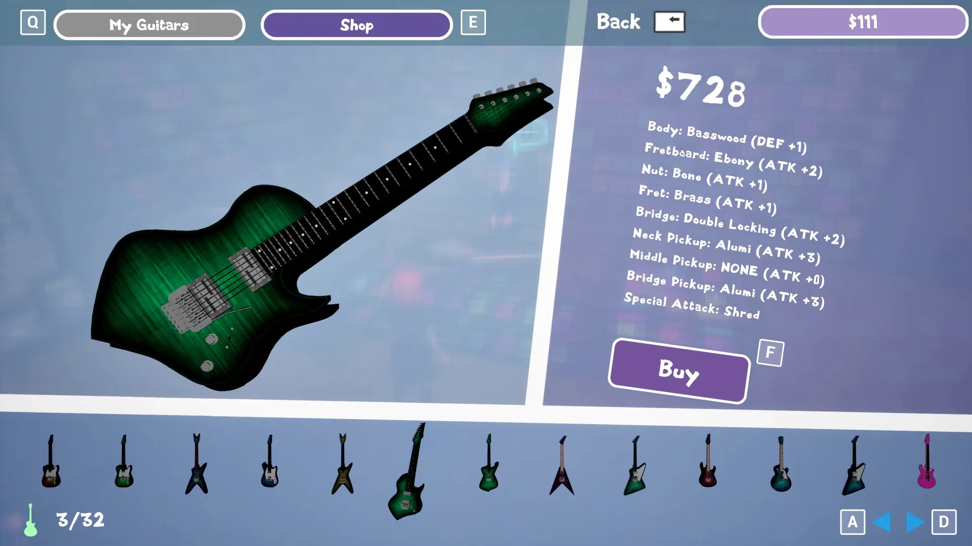 Double Whammy: Guitar shop interface showcasing a green guitar with detailed specs and purchase option.