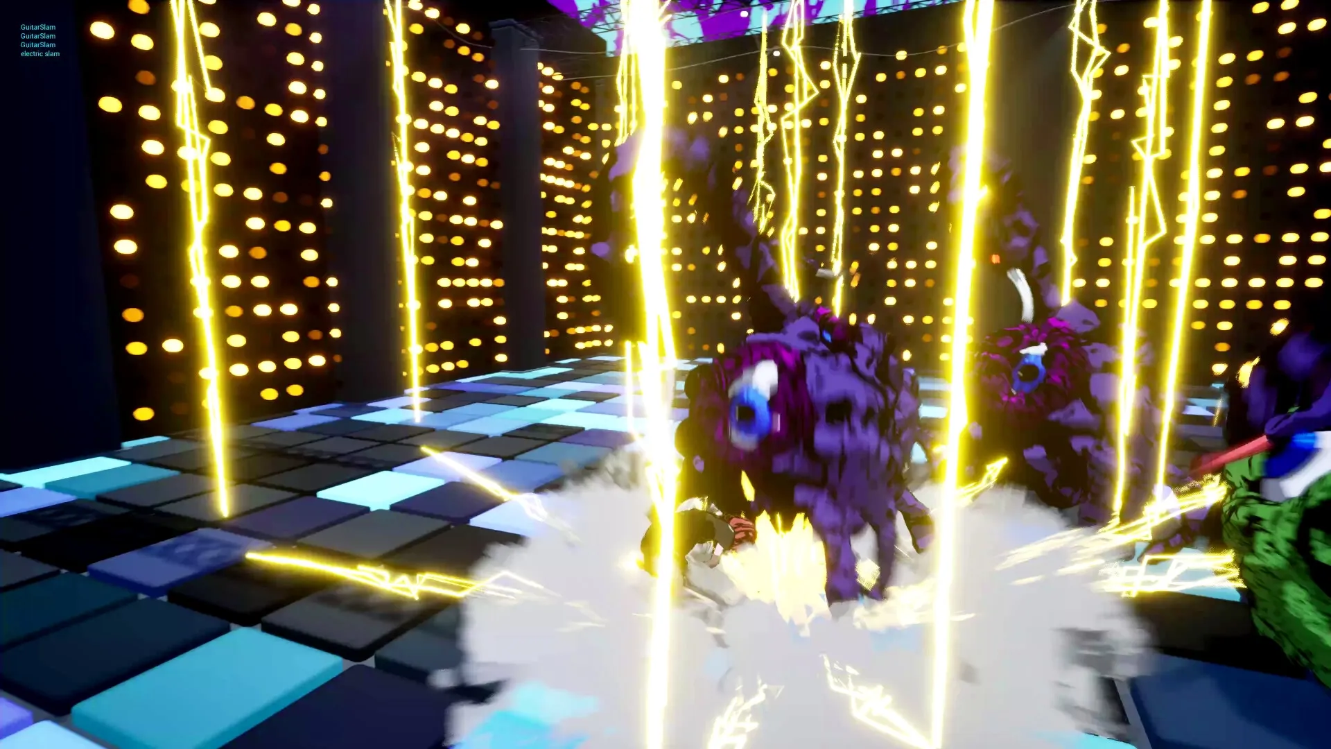 Double Whammy: Player unleashes Guitar Slam attack on monsters in a neon-lit arena with checkerboard floor