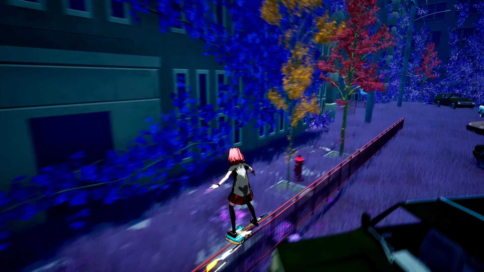 Double Whammy: Character skateboarding on a rail in a vibrant, colorful city street environment.