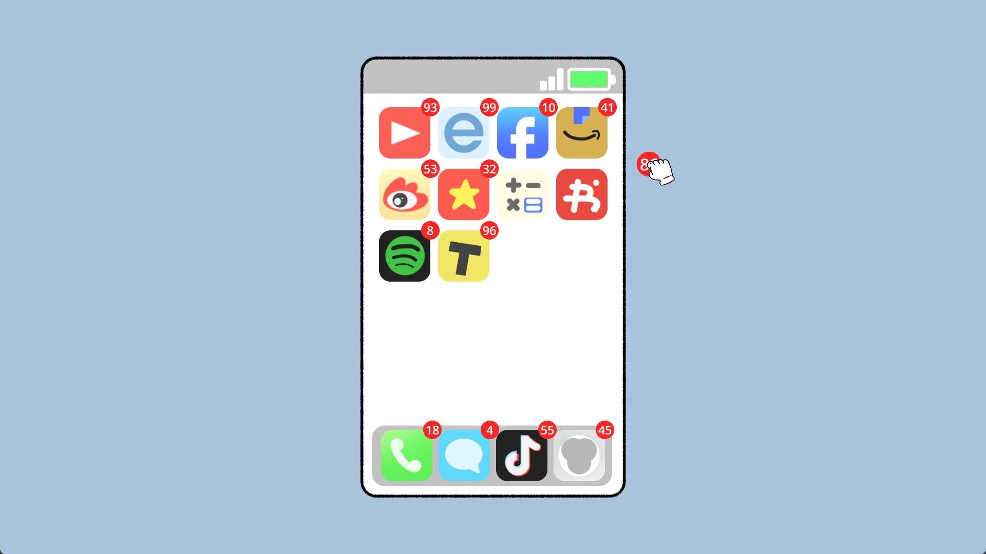 Dove Days: Smartphone interface with app icons and notification badges on a plain blue background