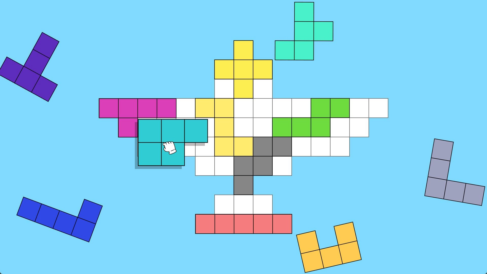 Dove Days: Arranging colorful Tetris-like blocks into a dove shape on a bright blue background