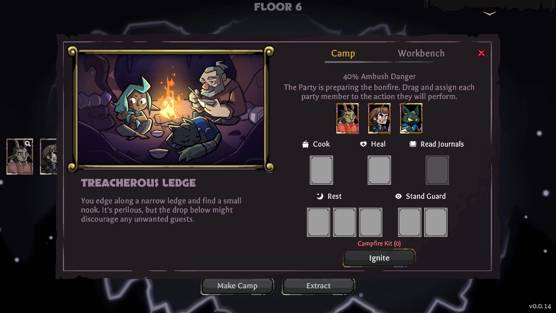 Down the Darkest Pit: Characters prepare campfire at Treacherous Ledge on Floor 6 with action options.