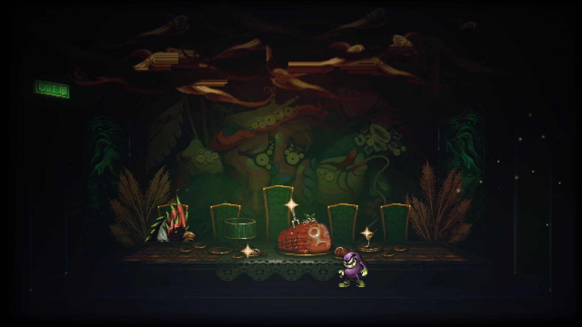 DownSouth: Purple creature stands by sparkling meat on table in a dim banquet hall with EXIT sign.