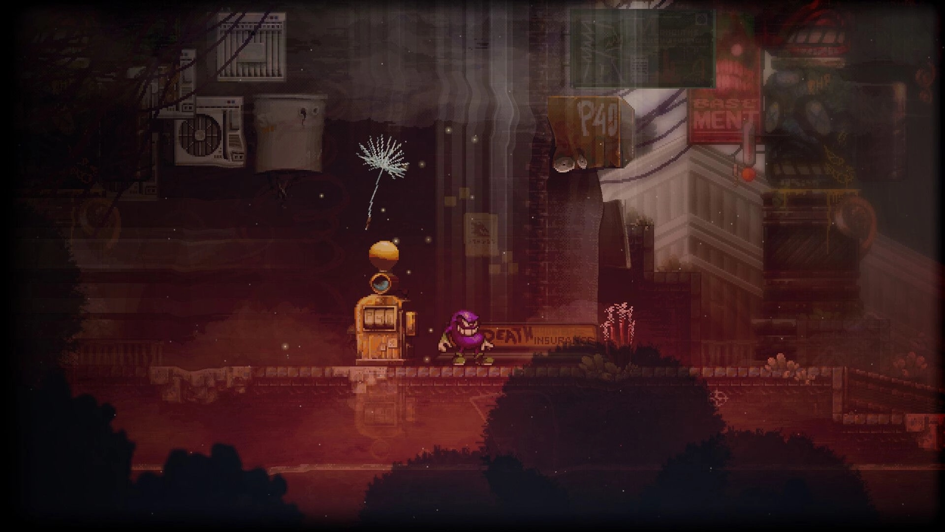 DownSouth: Purple-cloaked character stands by a vending machine on a grimy neon-lit street platform.