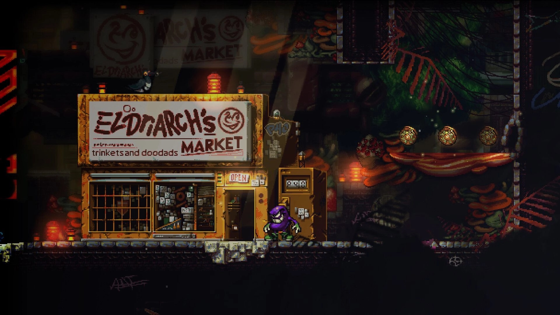DownSouth: Purple-hooded character outside Eldnarch's Market shopfront in a dim neon alley.
