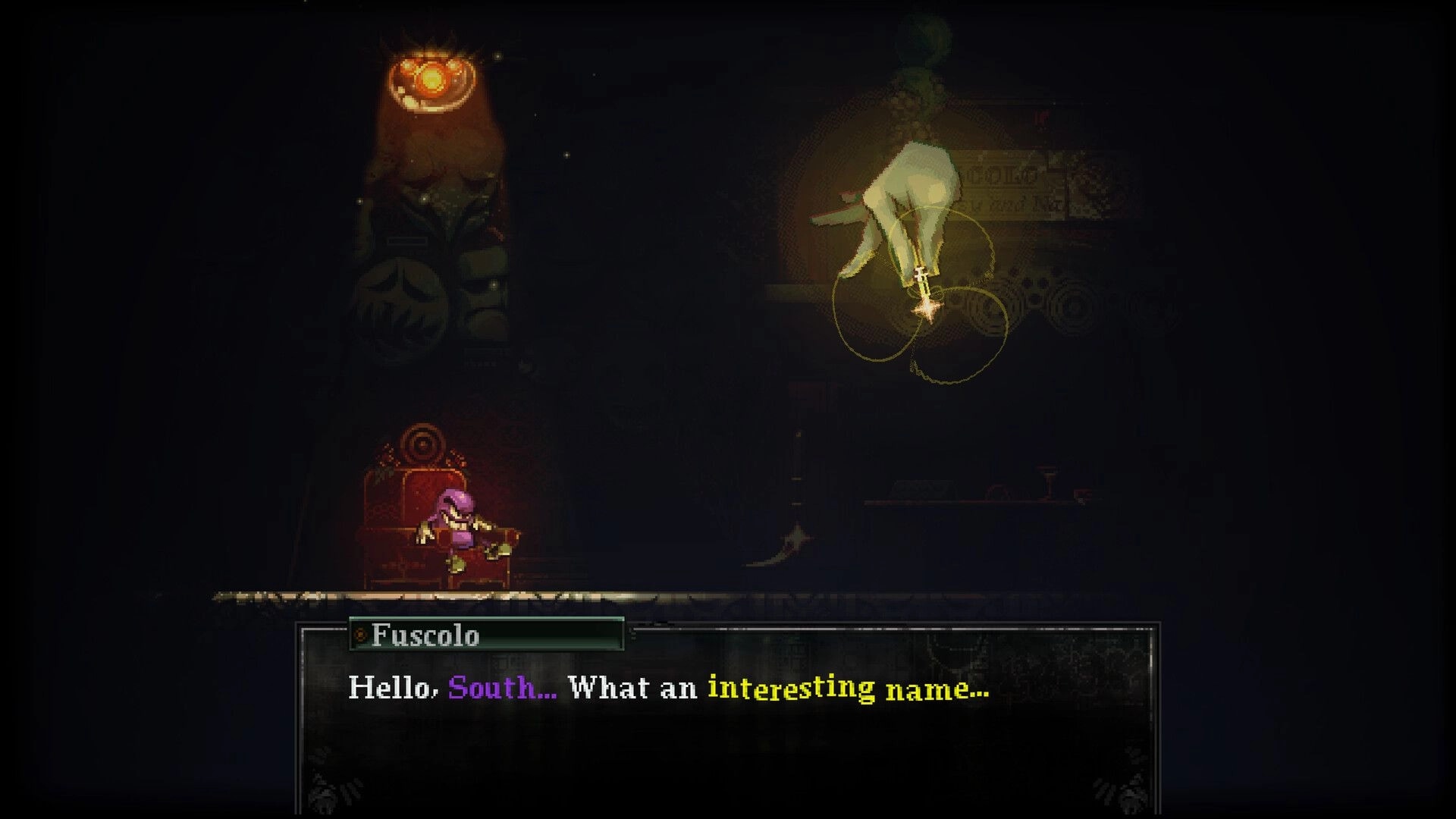 DownSouth: Dialogue with Fuscolo as purple figure sits on throne in dim chamber with hanging lightbulb.