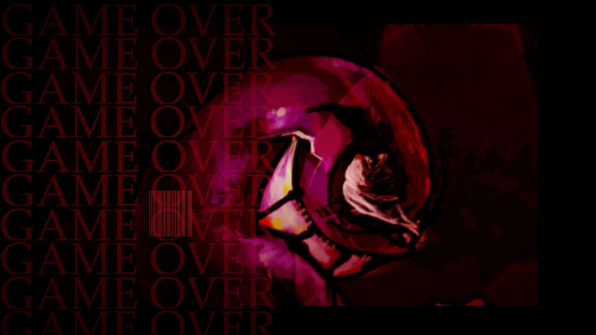 DownSouth: Game Over screen with repeated red text and a distorted close-up face on dark red backdrop.