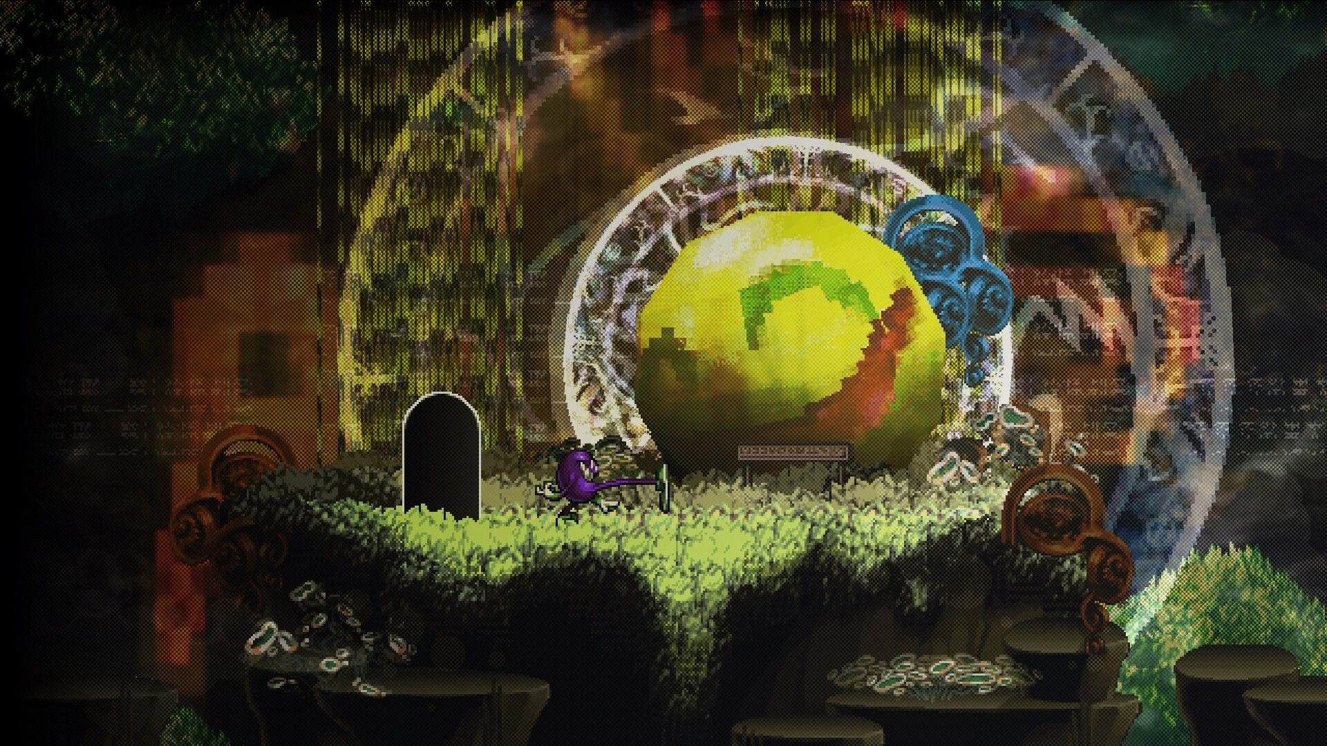 DownSouth: Purple creature pushes a lever beside a grave marker on a grassy ledge in surreal ruins.