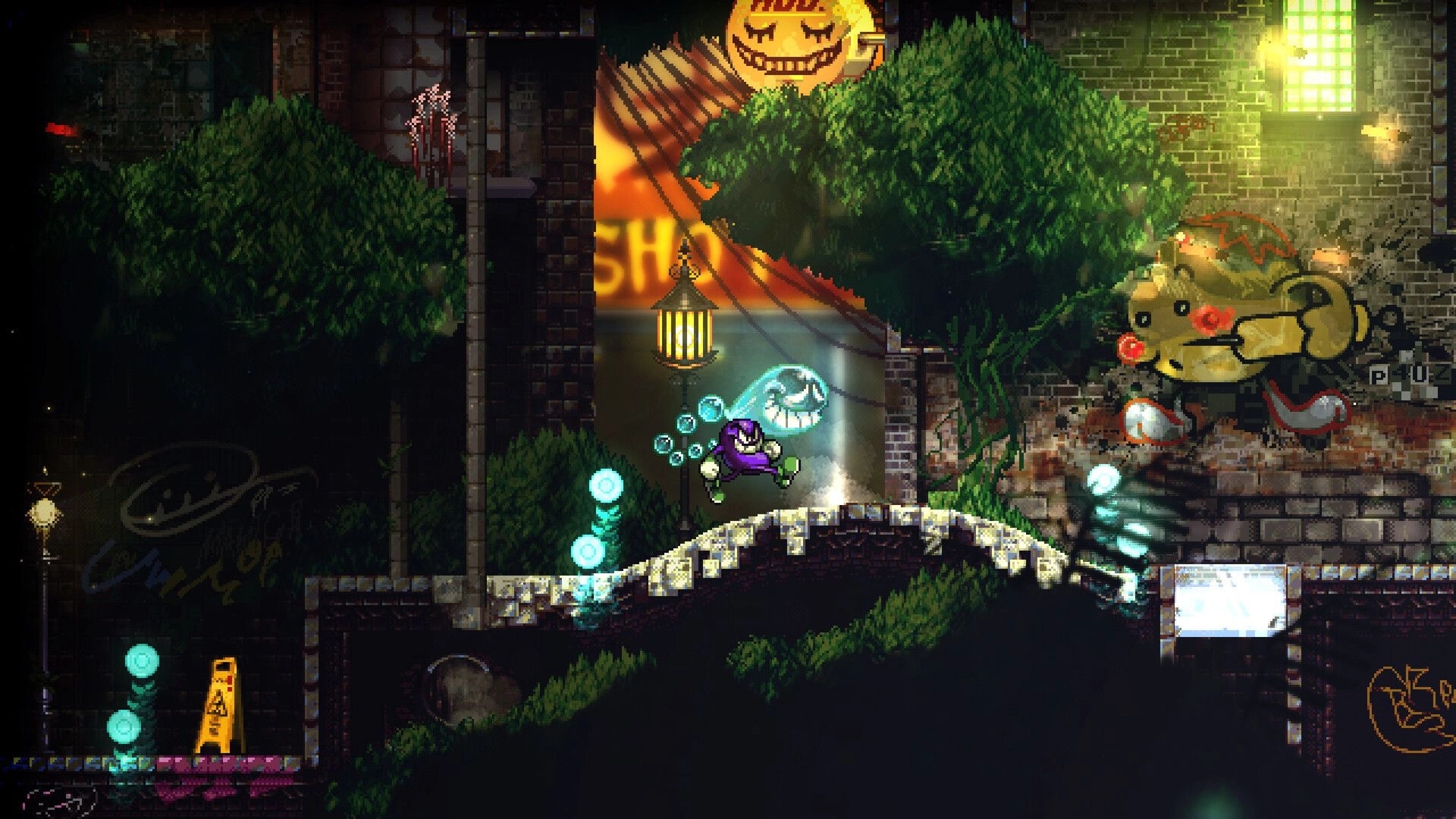 DownSouth: Purple-clad character jumps over a stone bridge in a neon-lit alley with graffiti and trees.