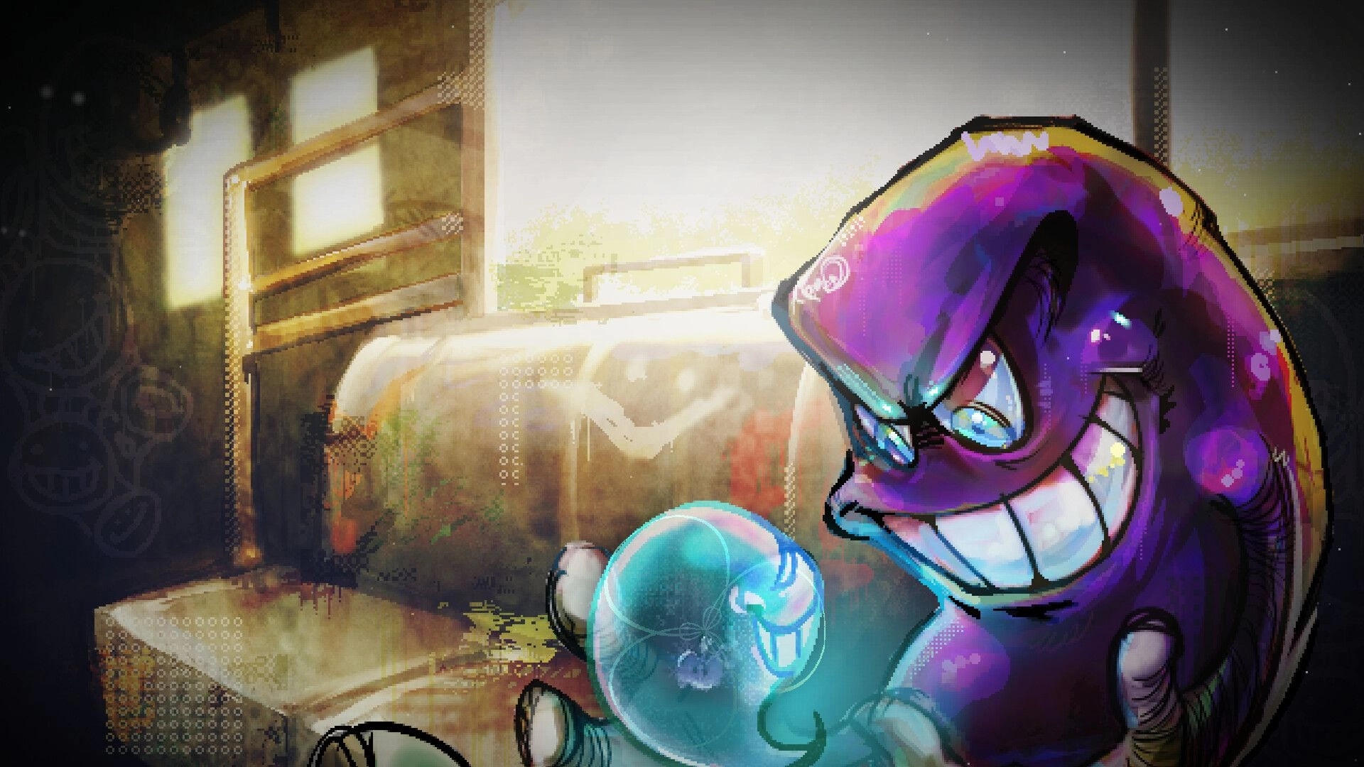 DownSouth: Grinning purple creature holding a glowing orb in a sunlit room with a bed and window.