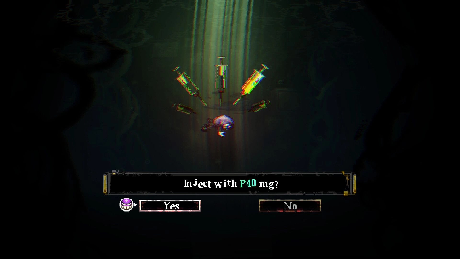 DownSouth: Prompt to inject P40 mg with Yes/No buttons under syringes in a dark lab room.