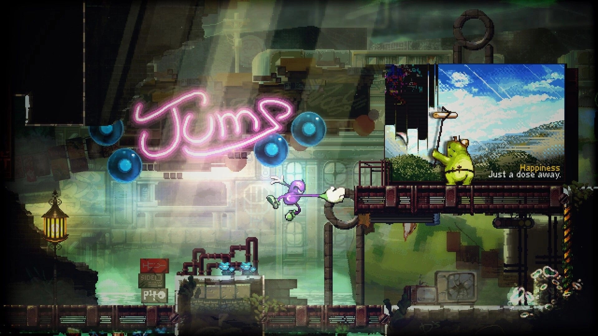 DownSouth: Purple character leaps past floating blue orbs under neon Jump sign on industrial platform.