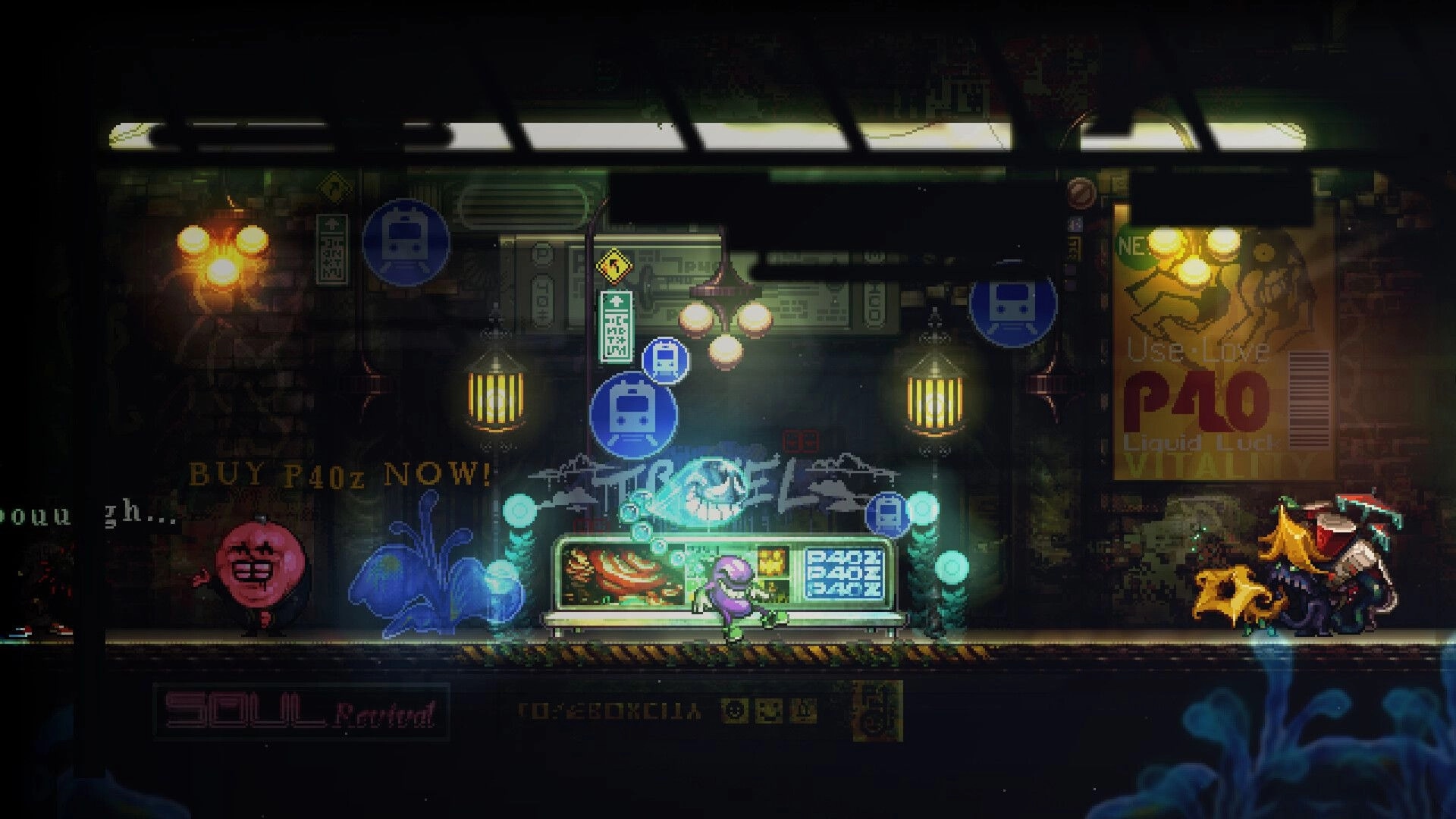 DownSouth: Purple-haired character at a neon vending stall with ghost icons in a grimy subway station.