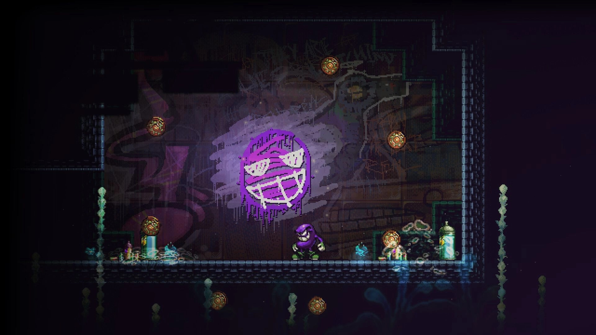 DownSouth: Purple-hooded character stands by glowing jars under a huge graffiti face in a sewer room.