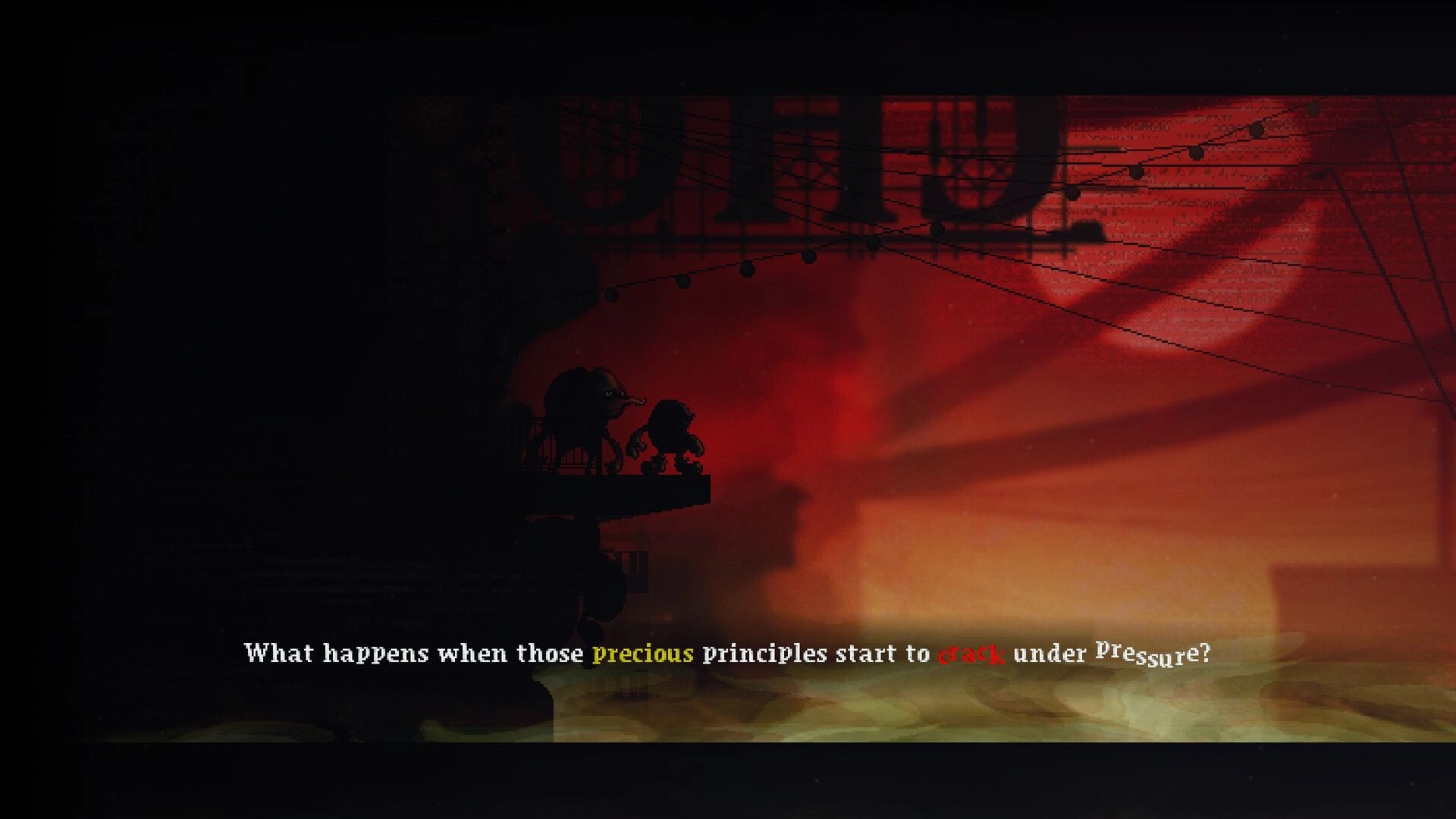 DownSouth: Silhouetted figures on a platform with caption text over a red, hazy city backdrop.