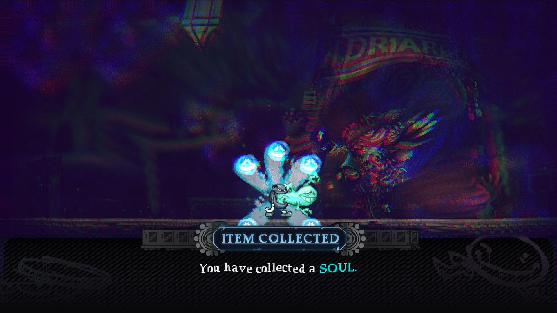 DownSouth: Character grabs glowing soul item with ITEM COLLECTED banner in a warped neon room.
