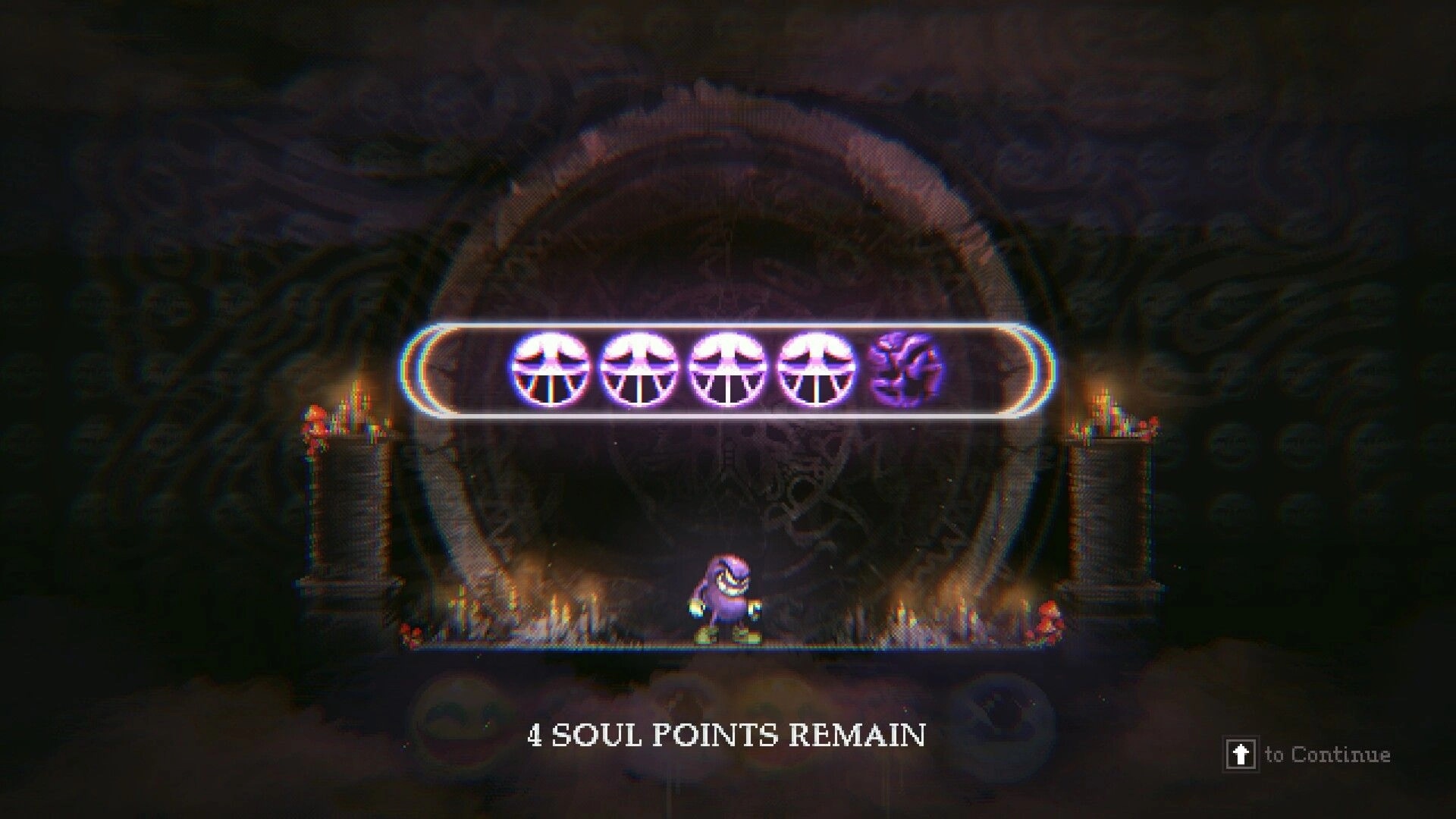 DownSouth: Soul points UI with four mask icons above a lone character in a dark shrine chamber.