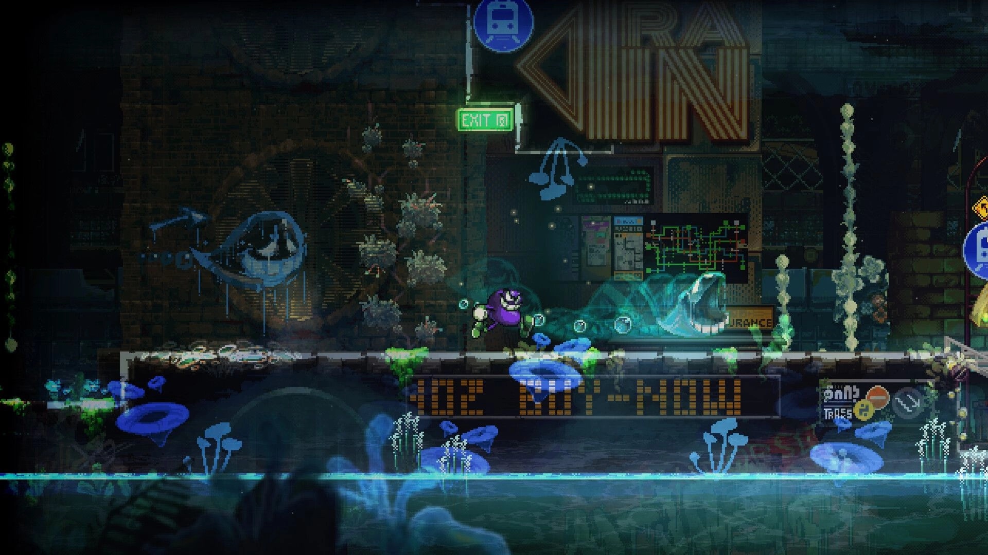 DownSouth: Purple character stands by a glowing tunnel and EXIT sign in a flooded subway platform.