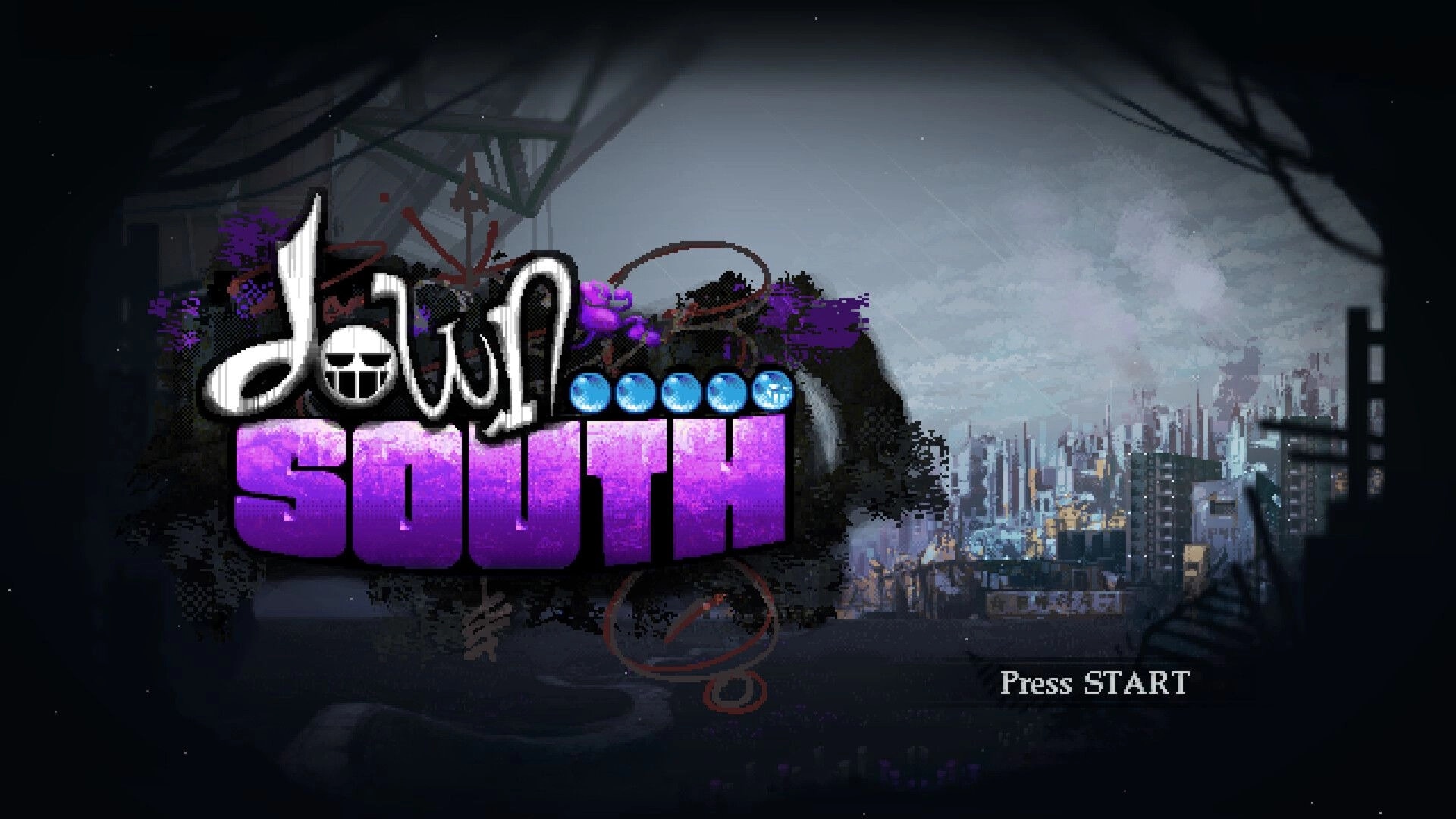 DownSouth: Title screen with large logo and Press START prompt over a foggy ruined city skyline.