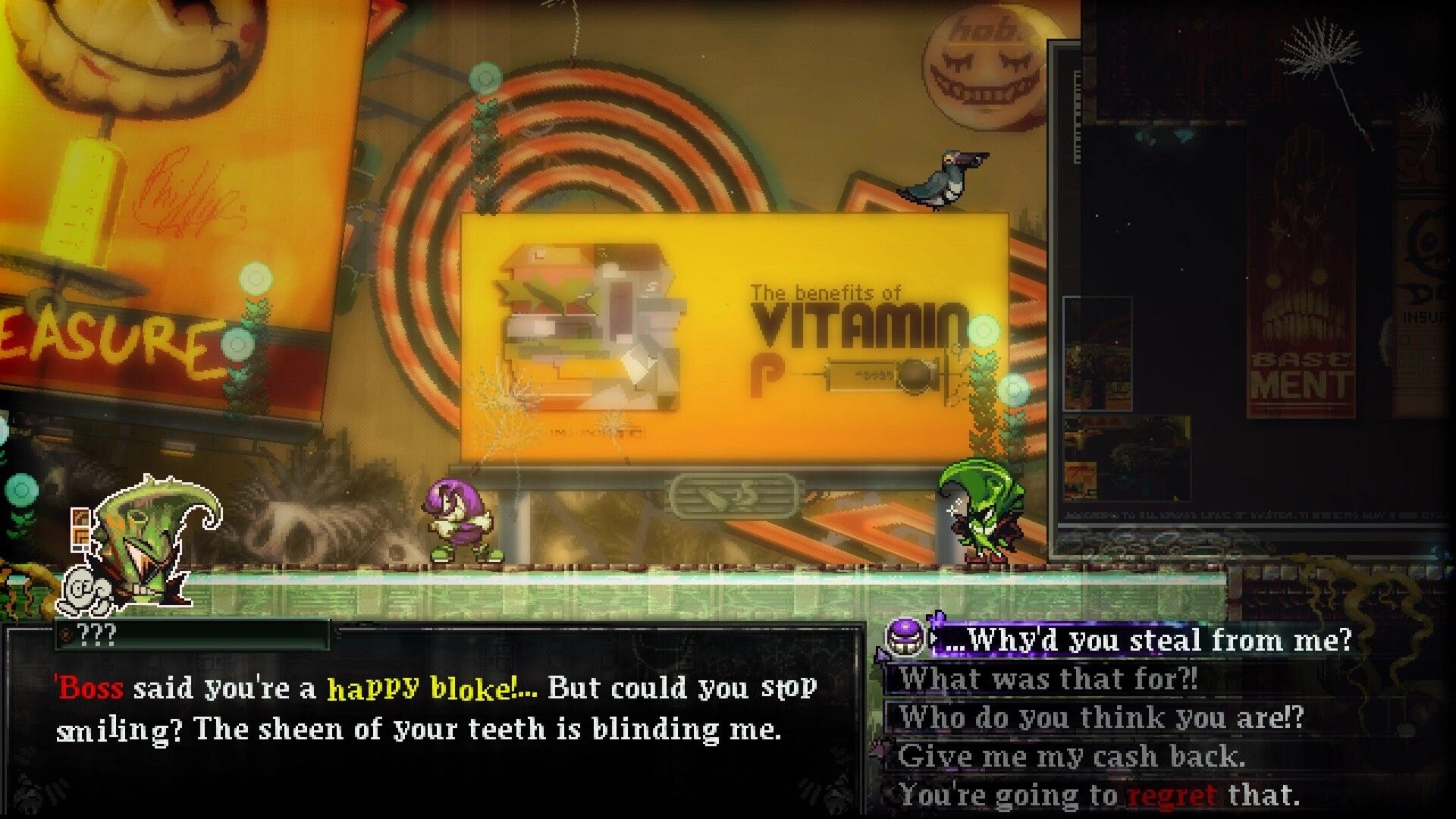 DownSouth: Dialogue choice menu during confrontation on a neon street platform with billboards behind.