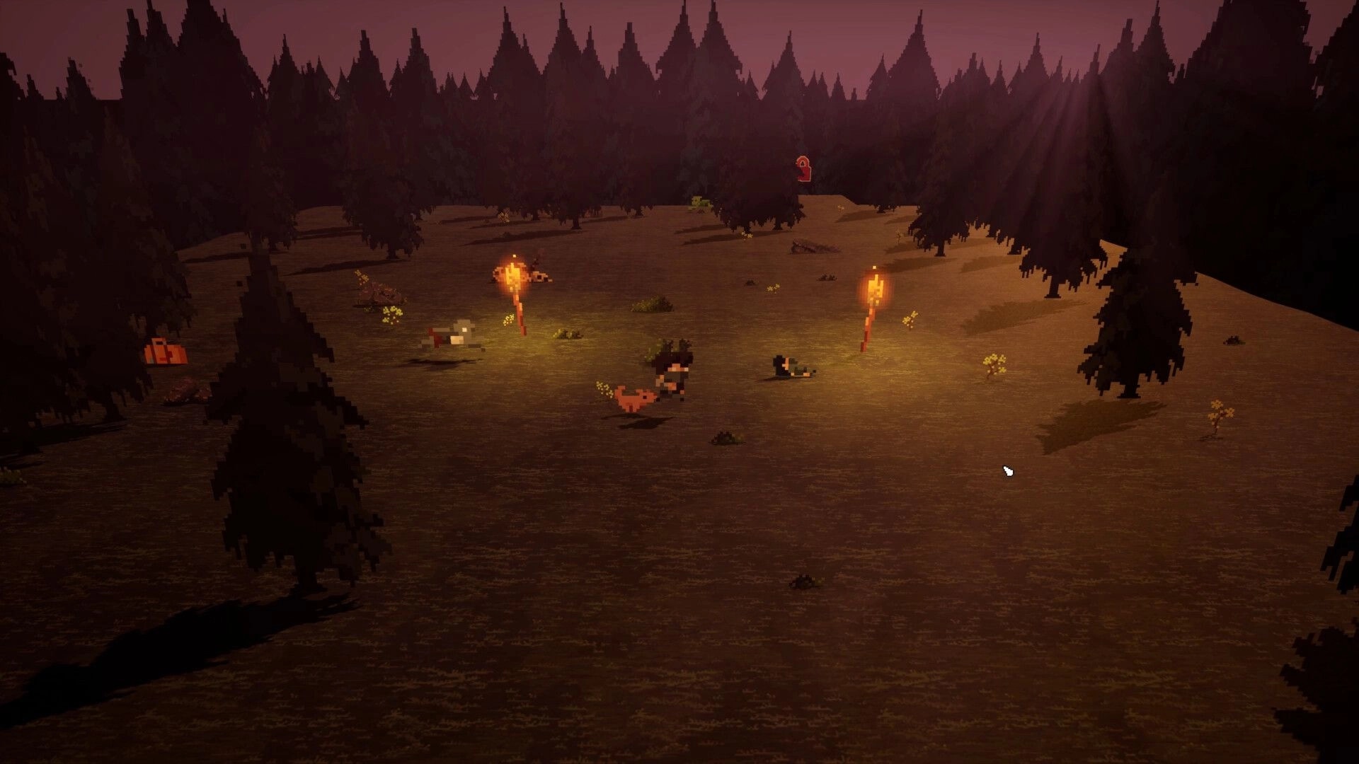 Dr. Alb's Prodigy: Character exploring forest clearing with torches and scattered items at dusk