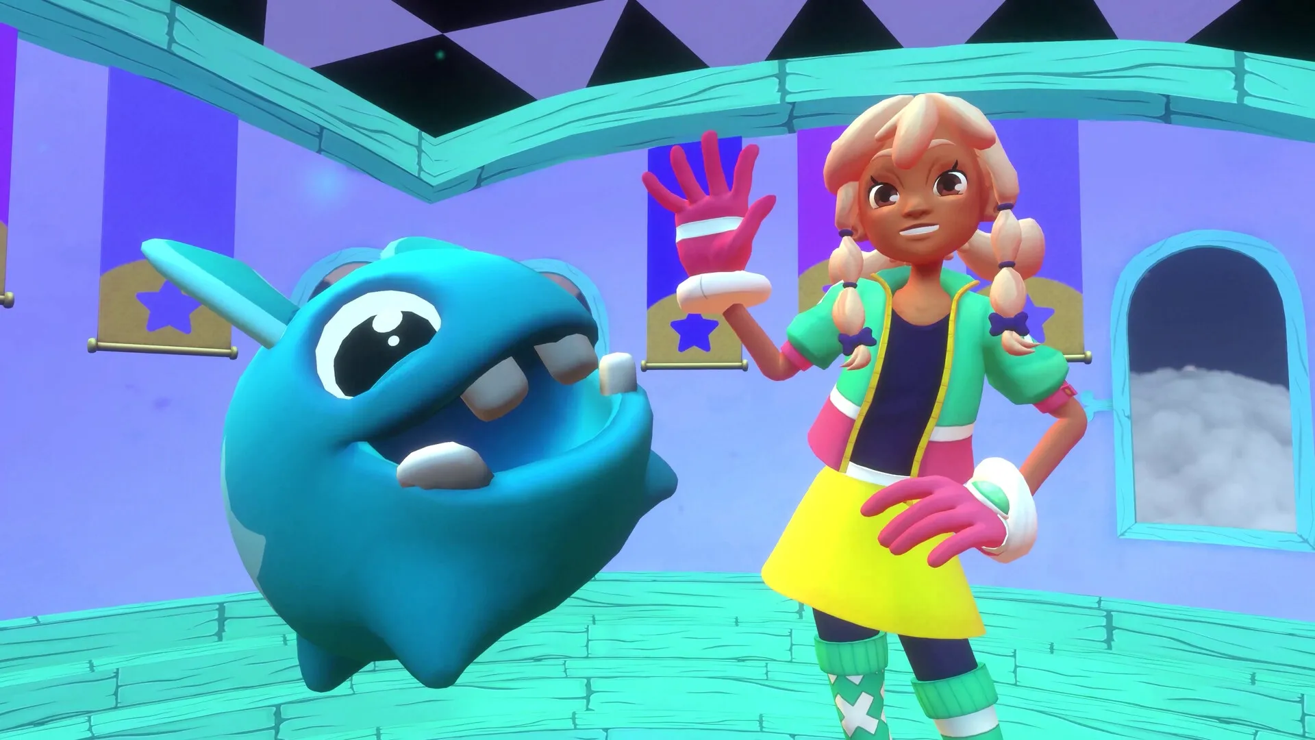 Dracamar: Caliu high-fives a blue creature in a colorful room with star banners in the background.