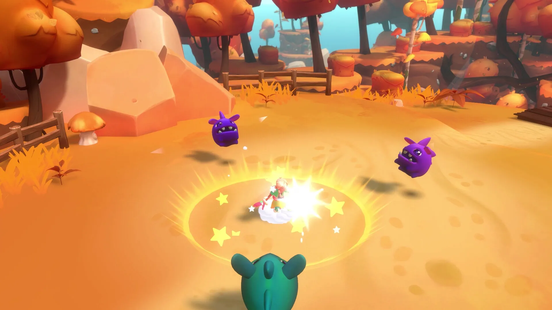 Dracamar: Caliu battling purple creatures in a sunny, autumn forest with bright yellow energy burst.