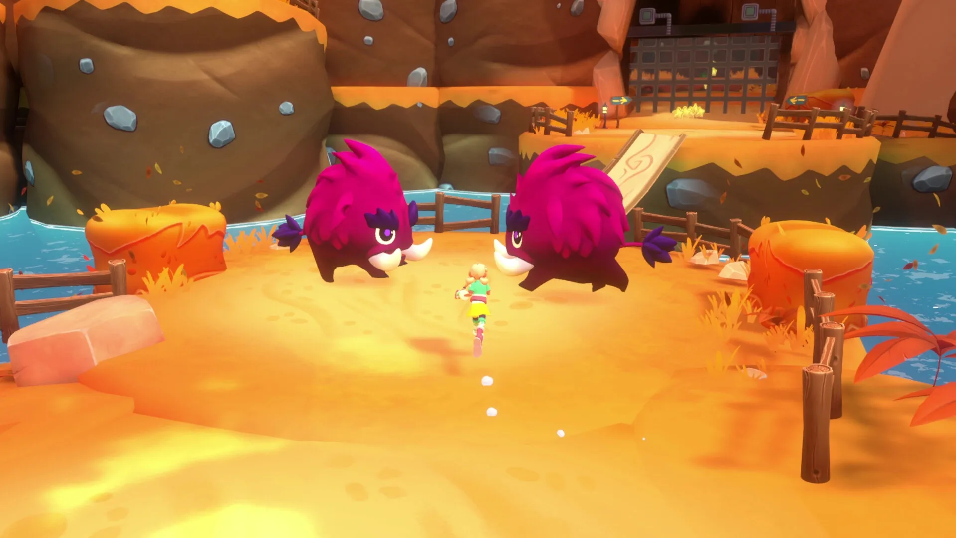 Dracamar: Caliu confronts two large purple beasts on a sunny island path near a wooden bridge.