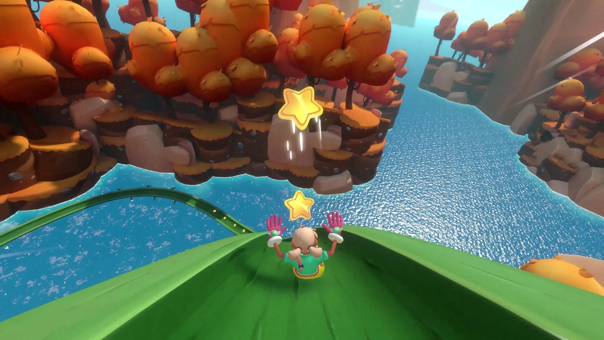 Dracamar: Caliu slides down a green leaf toward floating islands with stars over a sparkling blue sea
