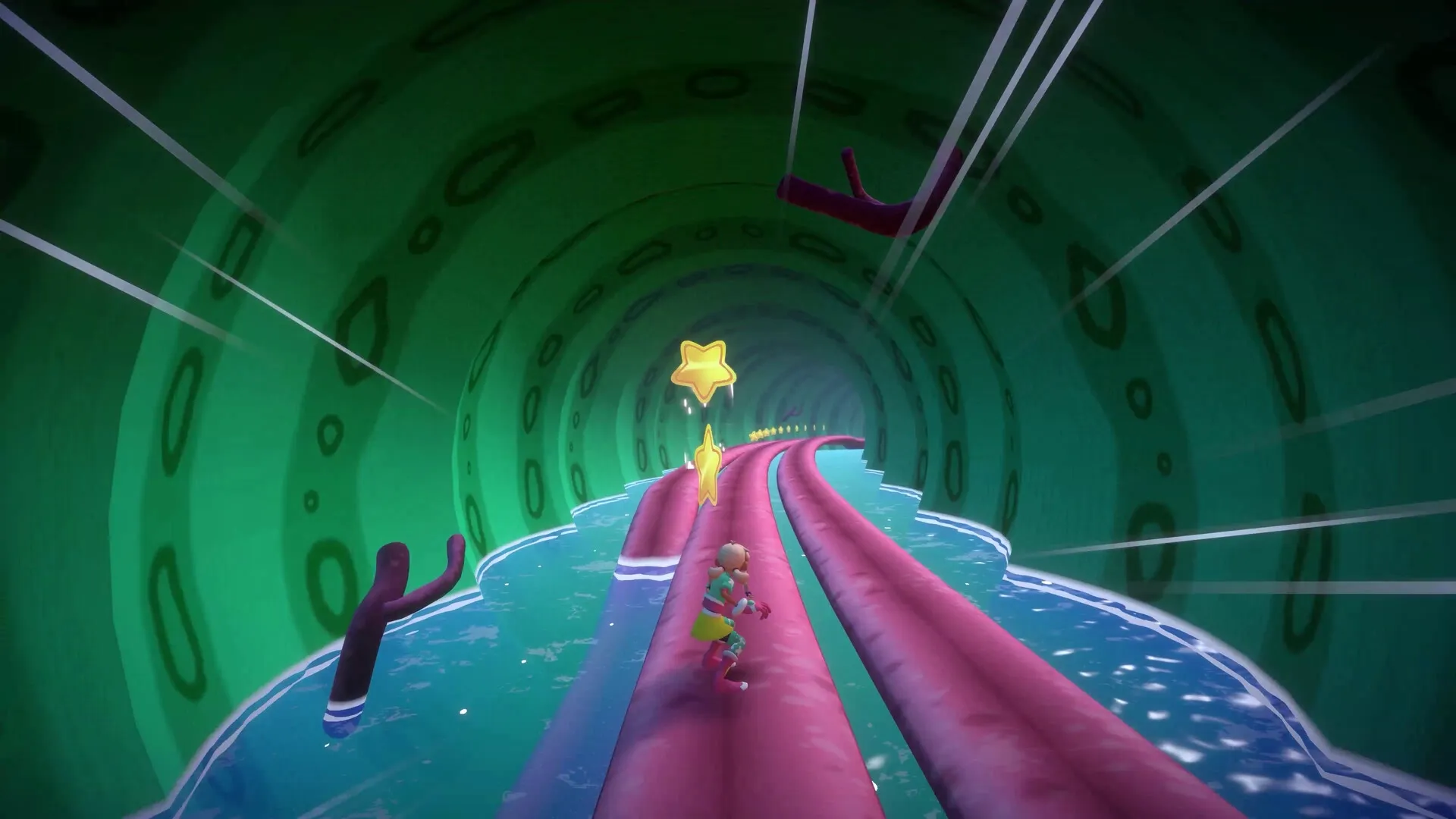 Dracamar: Caliu runs on pink paths in a green tunnel collecting stars over a water-filled environment