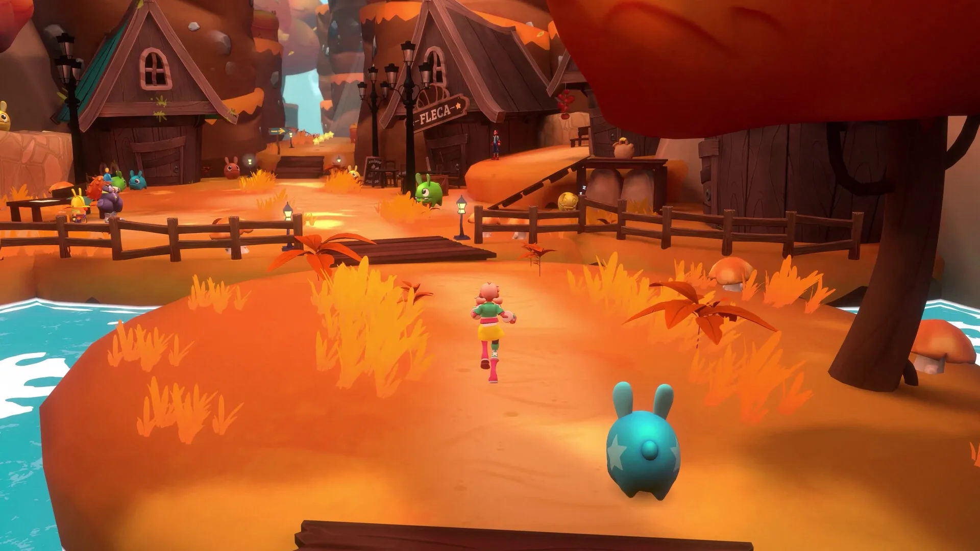 Dracamar: Caliu runs through a vibrant village with colorful creatures and wooden houses in autumn hues.