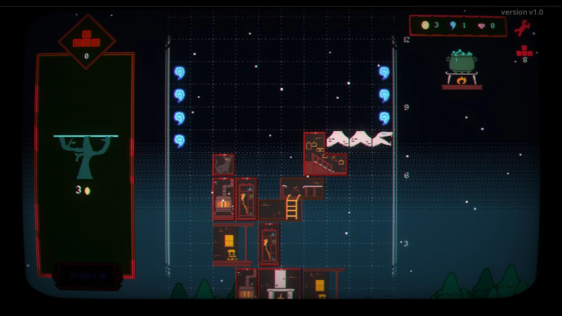 Draftula: Stacking castle room blocks on a grid playfield with resource counters and reroll panel UI.