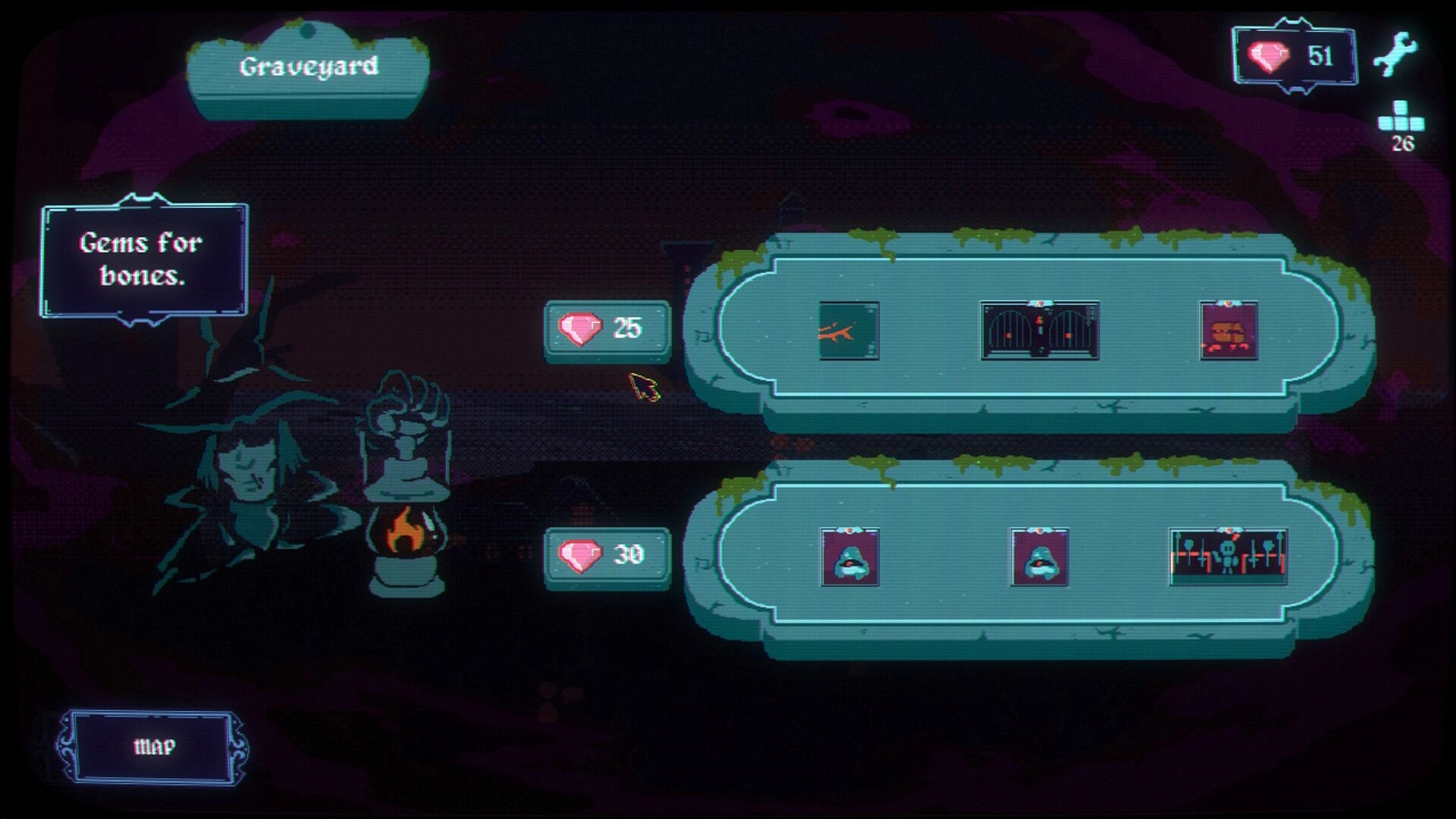Draftula: Graveyard shop menu trading gems for bones with room cards and gem costs in UI.