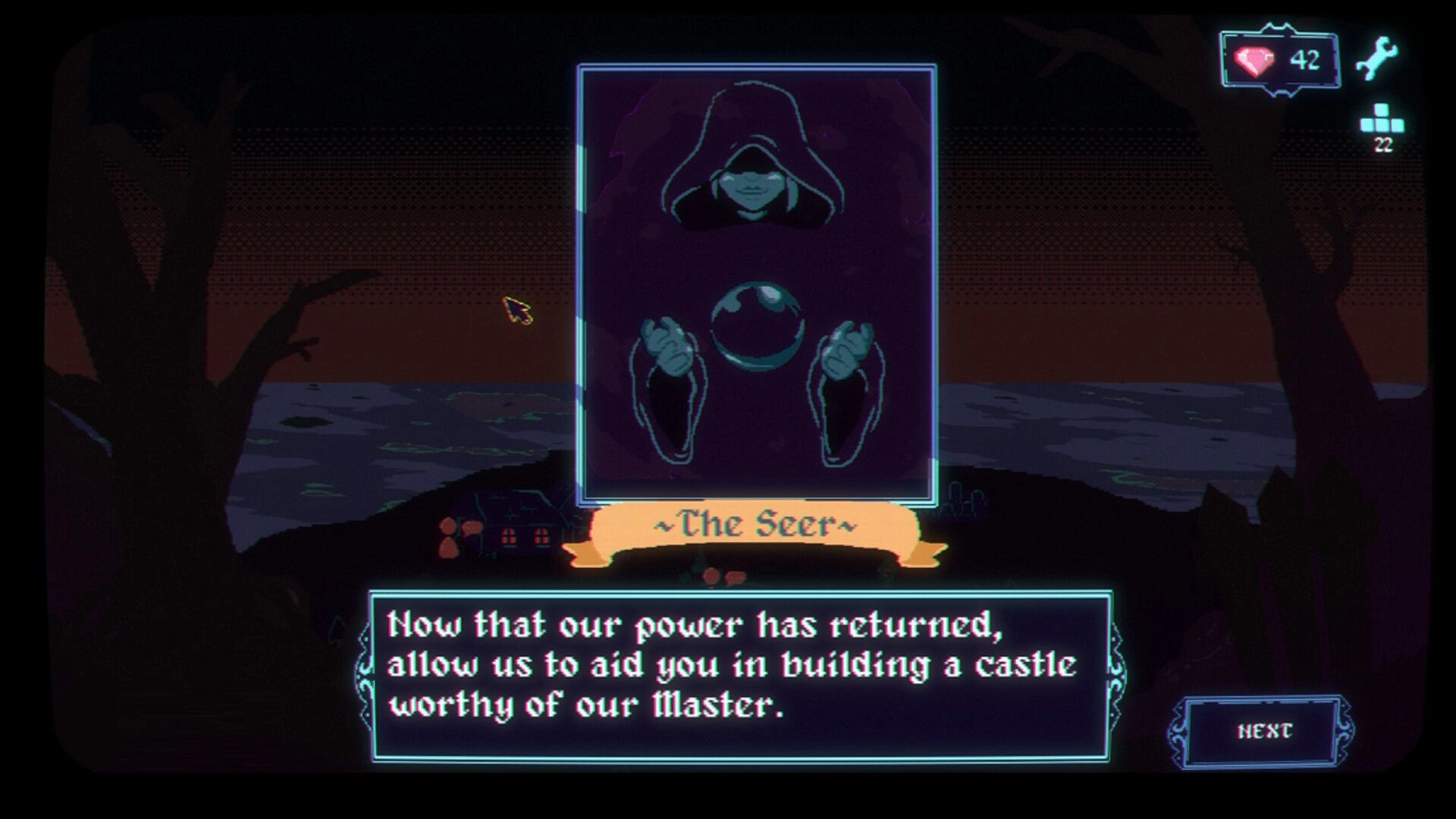 Draftula: Dialogue with The Seer portrait and text box over dark forest backdrop, Next button UI.