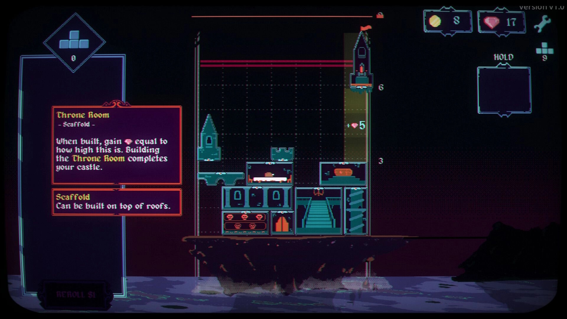 Draftula: Throne Room scaffold card tooltip beside castle blocks stacking on a grid over dark sea.