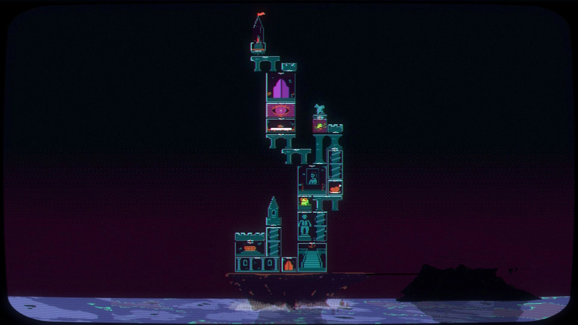 Draftula: Tall stacked castle rooms with icons and doors rising over a dark sea and purple sky.